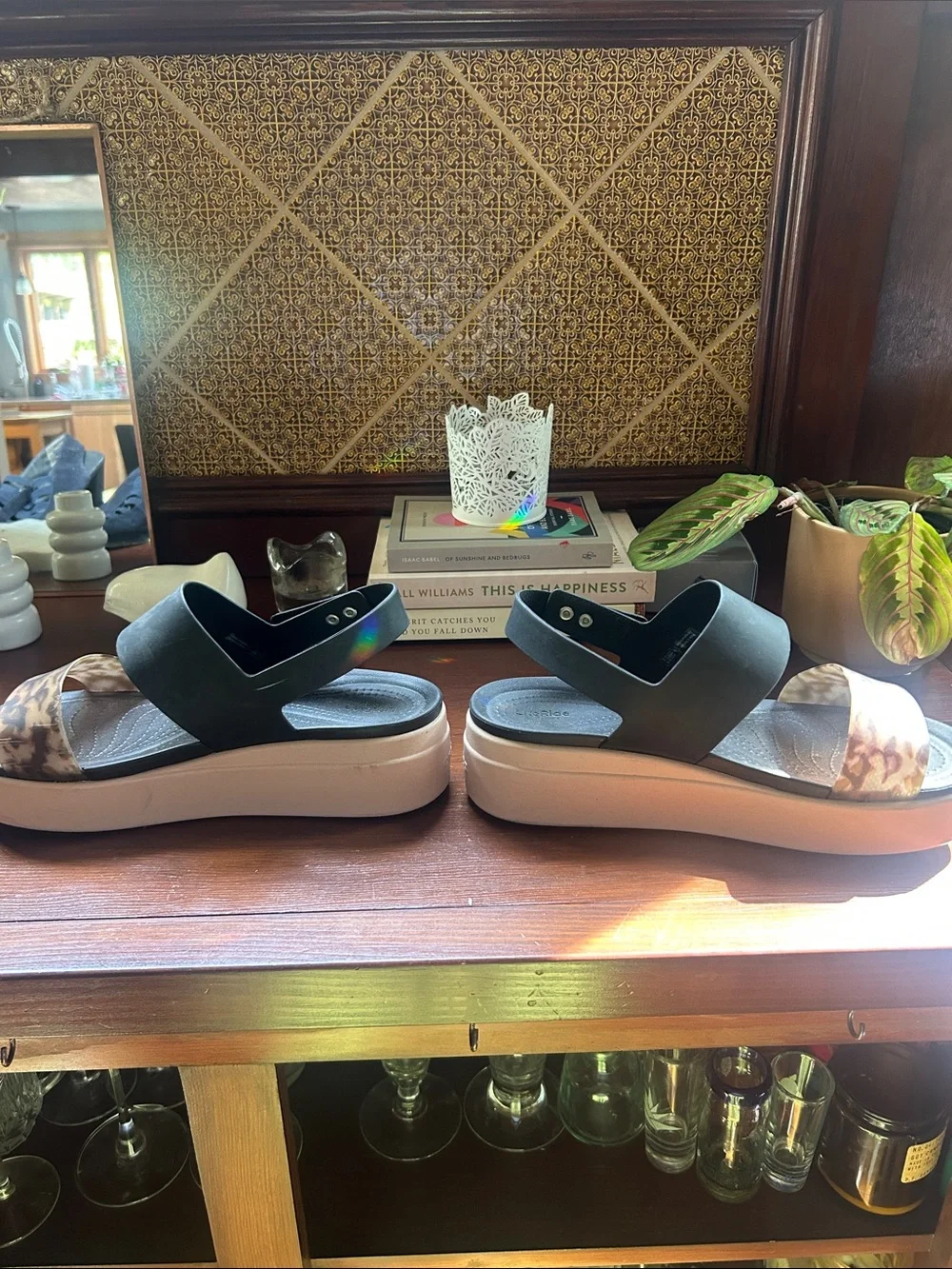 CROCS Women’s Black and Tortoiseshell Strap Sandals - Picture 2 of 3